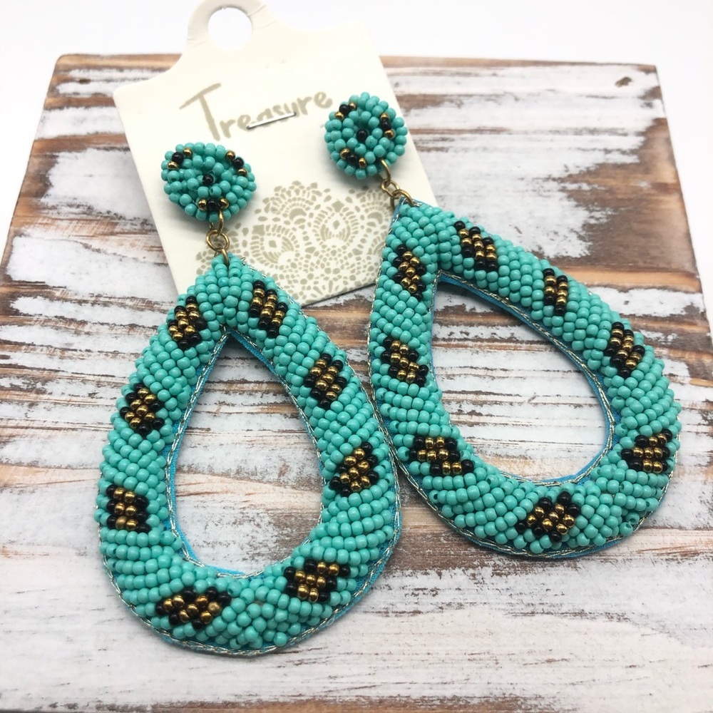 Turquoise Beaded Animal Print Statement Earrings